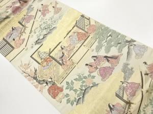 屋敷に時代人物・松・花々模様織出し袋帯